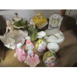 Collection of seven various Royal Doulton figures, Portmeirion mantel clock, two French vases and