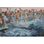 Mid 20th Century impressionist style oil on board, bathers at the waters edge, swept gilt framed,