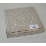 Middle Eastern white metal square box, the hinged cover embossed and engraved with flowers, having