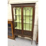 Edwardian mahogany display cabinet, the moulded top above a carved and moulded frieze and a pair