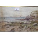 George Barker, watercolour, coastal scene with sheep grazing, signed, 9ins x 17ins, gilt framed