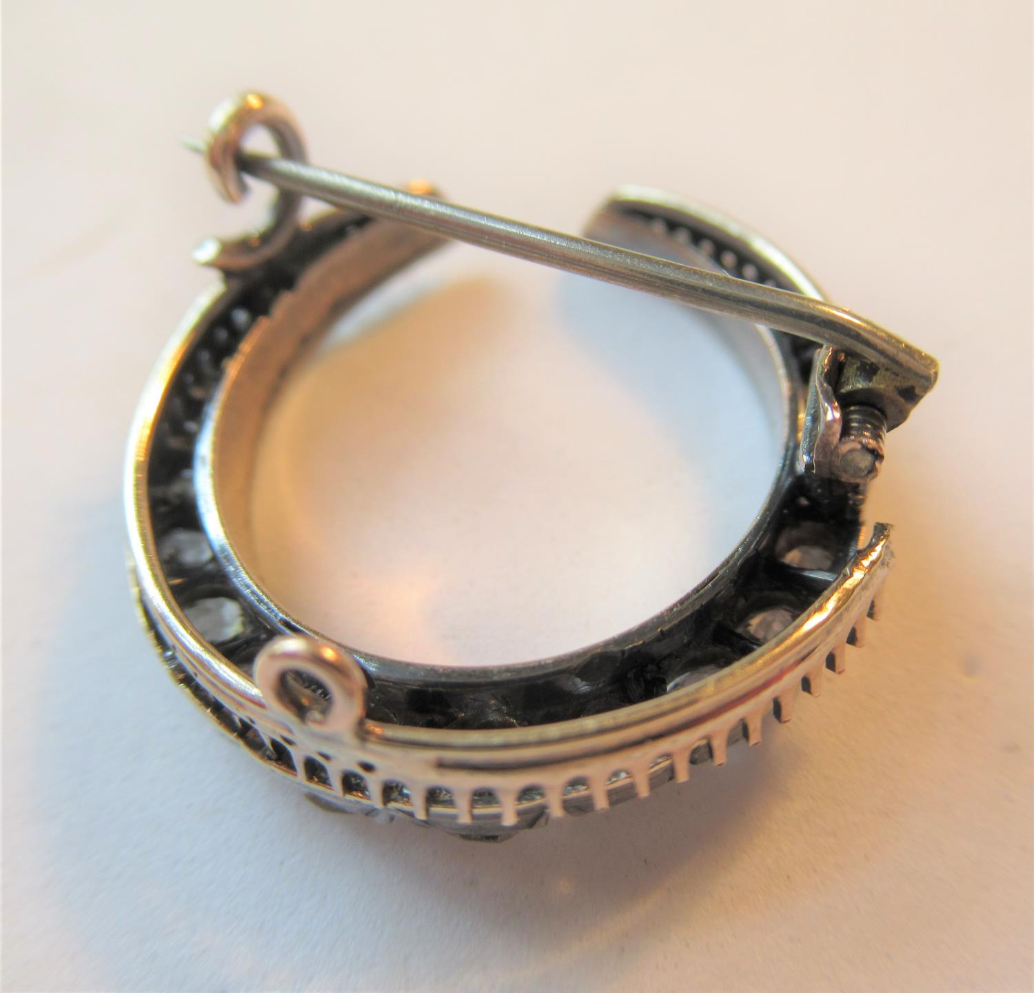 Victorian crescent brooch set graduated old cut diamonds, chip to one stone and frame work in need - Image 2 of 2