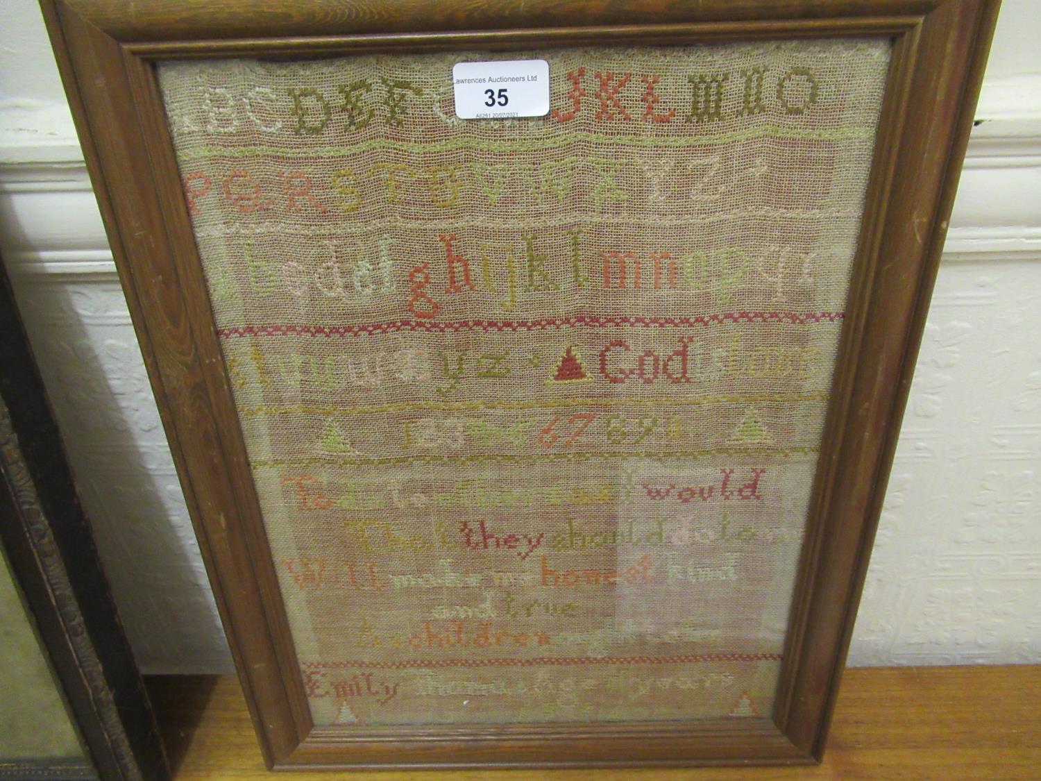 Late 19th Century needlework alphabet and moto sampler, by Emily Thomas in 1896, 15.5ins x 11.