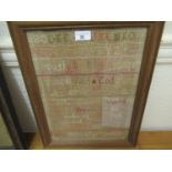 Late 19th Century needlework alphabet and moto sampler, by Emily Thomas in 1896, 15.5ins x 11.