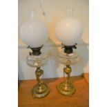 Pair of late 19th / early 20th Century good quality gilt brass and cut glass oil lamps with opaque