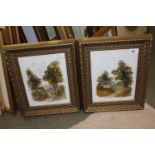 Pair of 19th Century oil paintings on opaque glass, rural scenes with trees and cottages, 9.5ins x