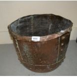 19th Century riveted copper log bin, 16ins diameter and a copper post horn