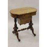 Victorian figured walnut marquetry inlaid work table, the hinged top enclosing a fitted interior and