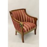 Pair of Continental reproduction mahogany and upholstered gilt metal mounted shaped chairs in