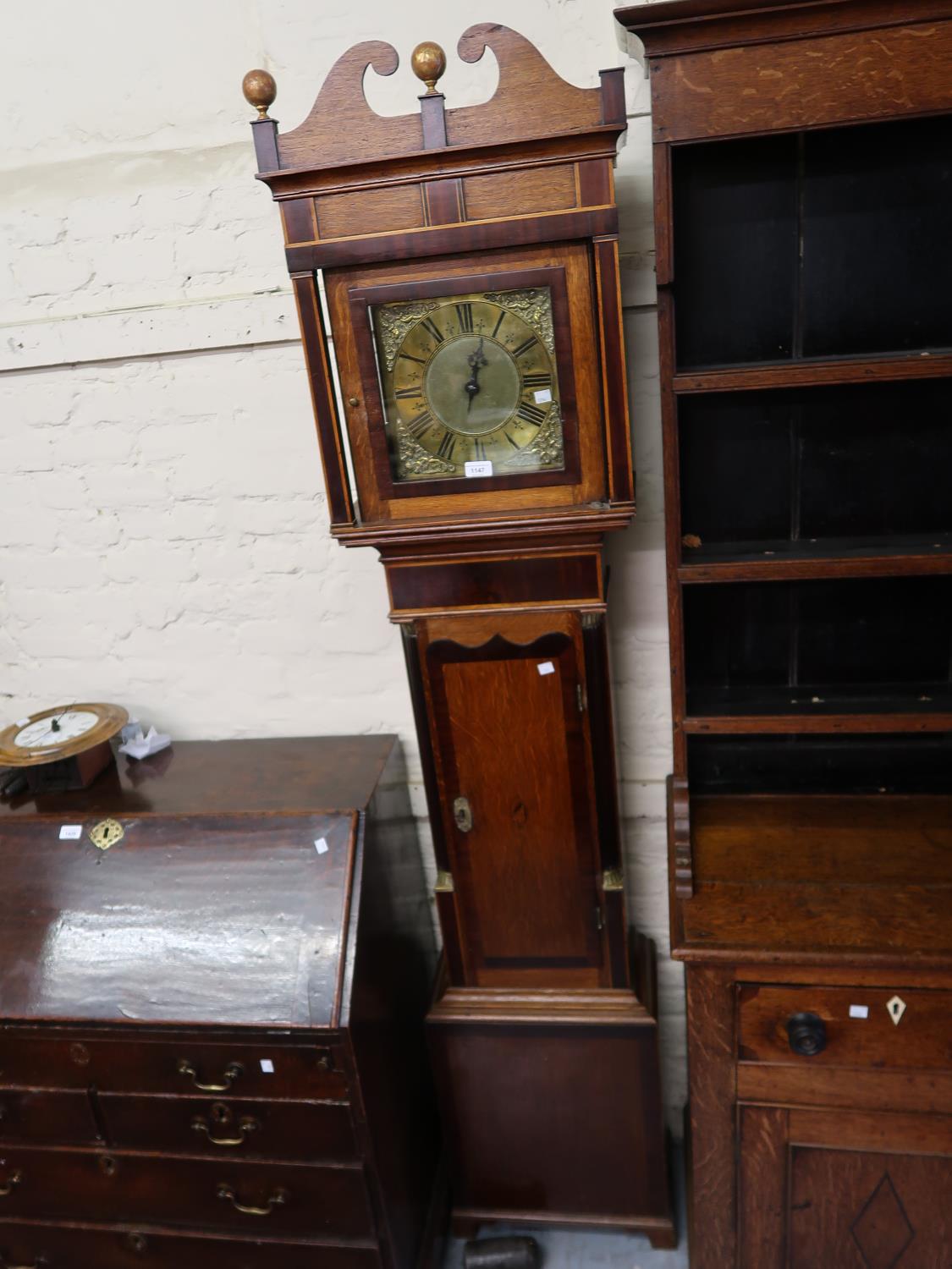 19th Century oak and mahogany banded longcase clock, the brass dial with Roman numerals and single - Image 2 of 4