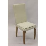Set of six modern Ercol dining chairs covered in a pale cream hessian type fabric, on tapering