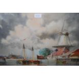 Louis Van Staaten, pair of watercolours, Dutch river scenes with windmills and barges, signed, 15ins