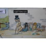 After Louis Wain, watercolour ' Katton Garden ' bearing signature, 7ins x 10.5ins, in an ebonised