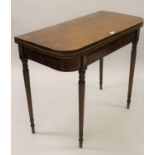 George III mahogany D-shaped fold-over card table (damages), 36ins wide