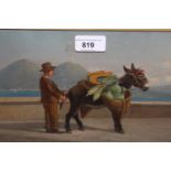 19th Century Neapolitan school, oil on board, boy with a loaded donkey, Bay of Naples, 7ins x
