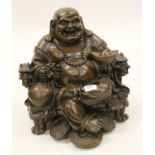 Large late 20th Century bronzed resin figure of a seated Buddha with patinated finish, 15ins high
