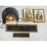 Two early mahogany framed glass magic lantern slides, a boxed set of children's vintage building