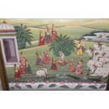 Large Indian watercolour on silk, figures and cattle in a landscape, 29ins x 38ins, gilt framed