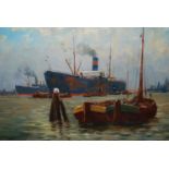 Pieter Bouter signed oil on canvas laid on board, Dutch port scene with mixed shipping, 12.5ins x