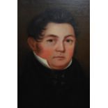 19th Century English School oil, portrait of a gentleman with white collar and black tunic, 20ins