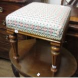 Victorian square footstool with a needlepoint seat on tapering supports, 20.5ins square together