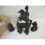 Late 20th Century bronzed resin figure of a cavalry officer on horseback, together with four other