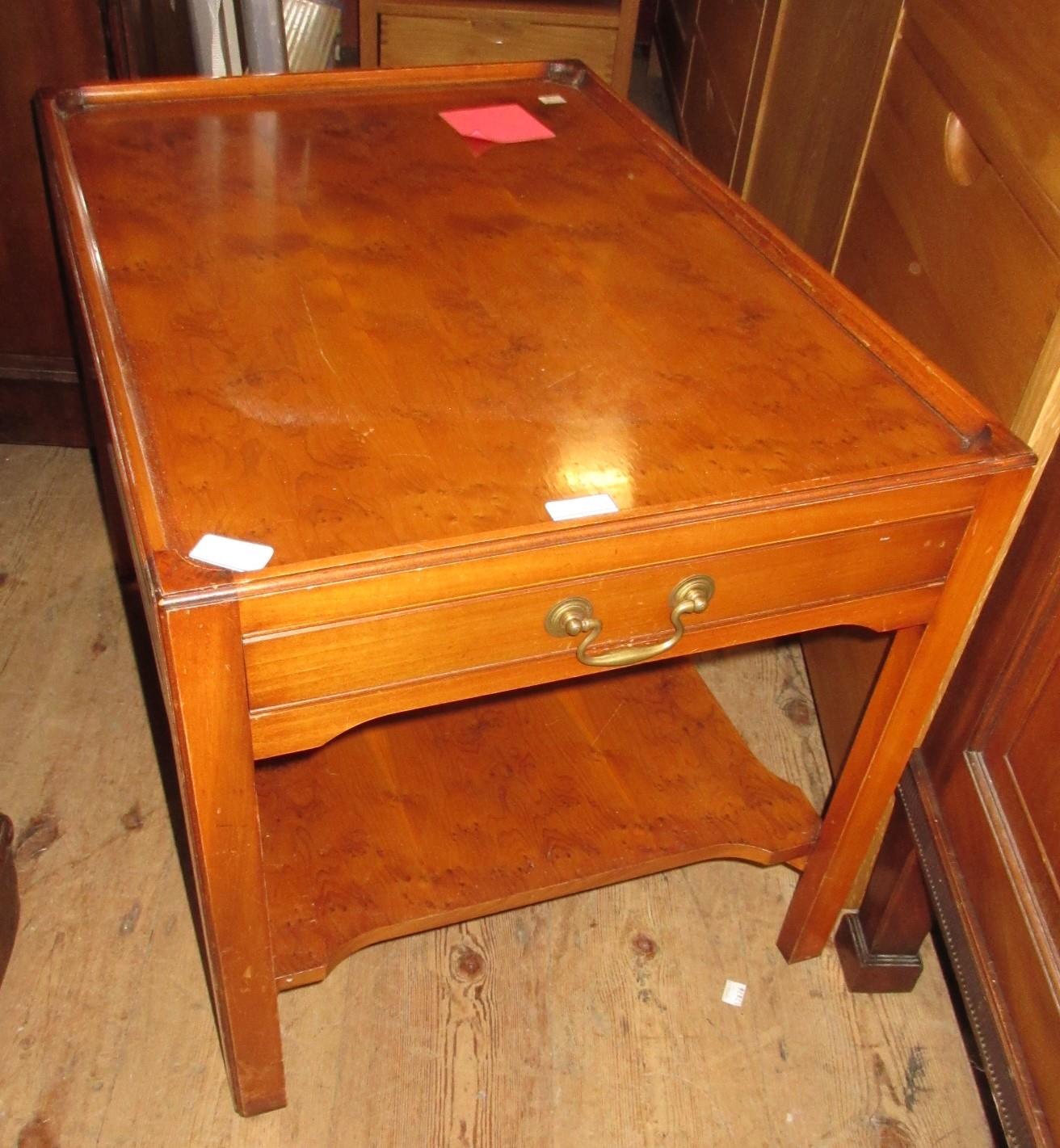 Reproduction yew wood rectangular lamp table with a tray top, single drawer, square cut supports