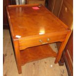 Reproduction yew wood rectangular lamp table with a tray top, single drawer, square cut supports