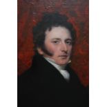 19th century oil on canvas laid on mahogany panel, half length portrait of a gentleman, housed in