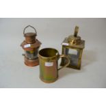Brass and copper studded square hanging lantern, 10ins high, reproduction copper ships lantern and a