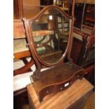 Mahogany and boxwood line inlaid shield shaped swing frame box toilet mirror with three drawer base,