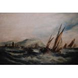 19th Century oil on canvas, mixed shipping off an island, indistinctly inscribed E. Ellis ?, 15.5ins
