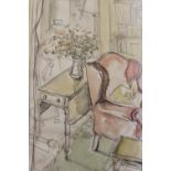 Two unframed pencil and watercolour drawings, interior scene, signed Rowland Hill, and female figure
