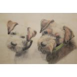 Mixed media on paper, portrait of two Yorkshire terriers, stamped monogram, 12ins x 15.5ins