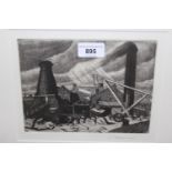 Leonard Griffith Brammer signed etching, figures in an industrial landscape with pottery kilns, 7ins