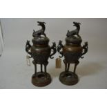 Pair of late 19th Century Japanese brown patinated bronze two handled censers with covers, 15ins