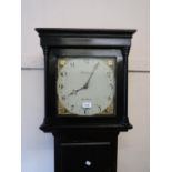 George III stained pine longcase clock, the square hood with turned pilasters above a rectangular