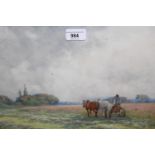 Watercolour, rural scene with a figure driving a horse drawn hay cutter, 10.25ins x 13.25ins,