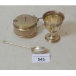 Birmingham silver mustard, a silver egg cup and a silver seal top teaspoon