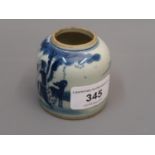 Small Chinese porcelain brush pot, blue and white decorated with figures and a deer in a