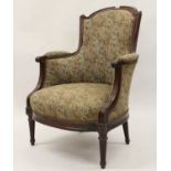 19th Century walnut tub shaped arm chair with carved and moulded decoration, scroll arms and