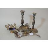 Pair of plated candlesticks, plated condiment set, plated ladle and a plated sugar scuttle