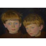 Modern British school, oil on canvas laid on board, portrait of two boys, 8.5ins x 12.5ins