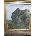 19th Century English school, oil on canvas, rock formation on a coastal cliff top, 16ins x 14.