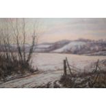 Mervyn Goode, 20th Century oil on canvas, Winter landscape, inscribed verso ' Wheatham Hill ',