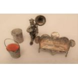 Miniature Continental white metal model of a sofa, miniature basket form case containing a