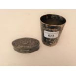 Continental white metal beaker inscribed ' Puiforcat ' and a Continental white metal oval snuff box