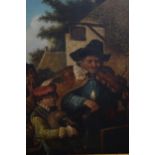 Oil on metal panel, travelling musicians by a tavern, 8ins x 7ins
