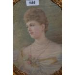 Oval gilt framed print on silk, head and shoulder portrait of a lady, 11ins x 9ins