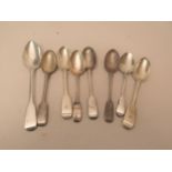 Late Georgian silver Fiddle pattern tablespoon together with seven various Fiddle pattern dessert